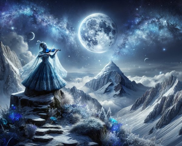 Violinist in Blue Gown on Snowy Mountain Under Stars
