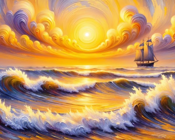 Majestic sunset over dynamic waves and a sailing ship