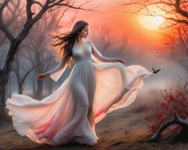 Young Woman in White Dress Dances at Sunset