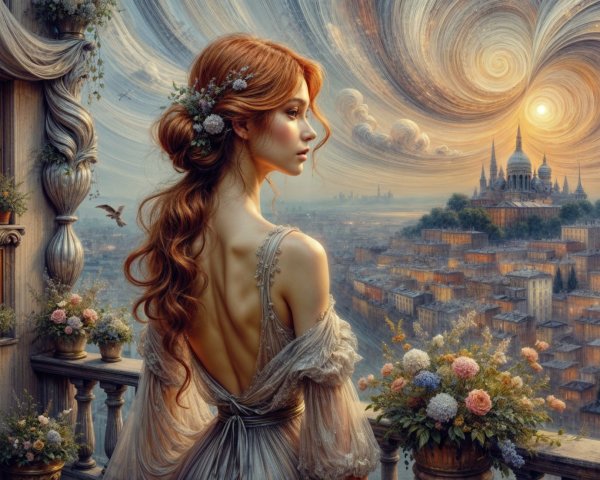Young woman on balcony with vibrant cityscape view
