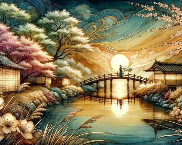 Tranquil River Landscape with Cherry Blossoms and Sunset