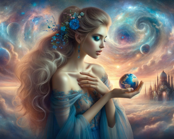 Ethereal Woman with Silver Hair and Cosmic Background