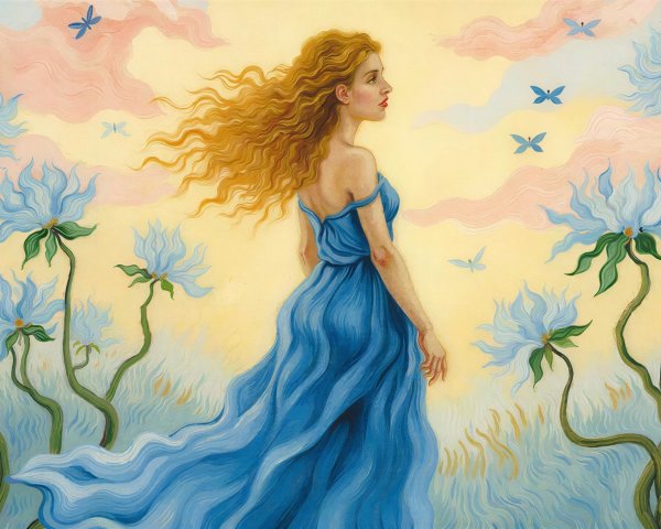 Woman in blue dress among blue flowers and butterflies