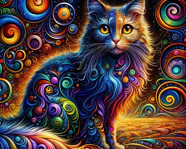 Colorful Cat Against Cosmic Swirling Background