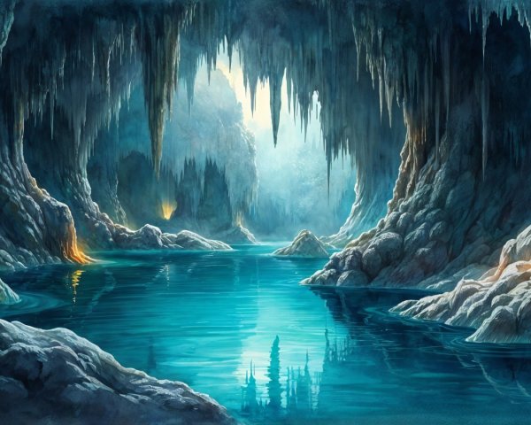 Mystical Underground Cavern with Glowing Stalactites