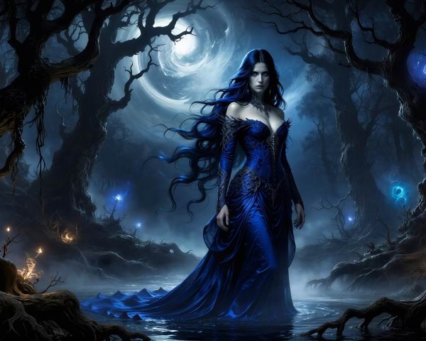 Enchantress in a Deep Blue Dress by Dark Water at Night