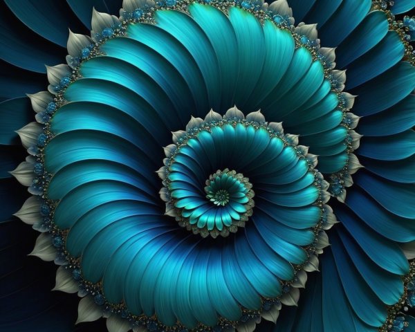 Dark Blue and Teal Fractal Flower with Spiral Pattern