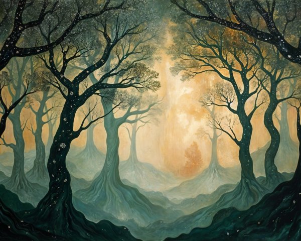 Mystical forest scene with ethereal light and stars