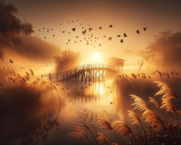 Serene Dawn Landscape with Wooden Bridge and Fog