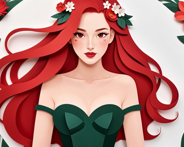Paper-Cut Art of Woman with Red Hair and Flowers