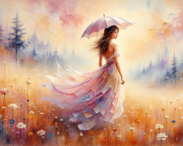 Woman in Pastel Dress in Flower Field Under Sky