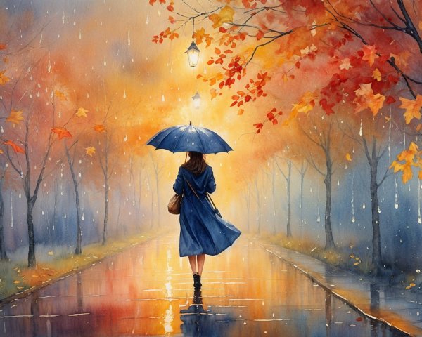 Solitary Figure in Blue Coat on Rainy Pathway