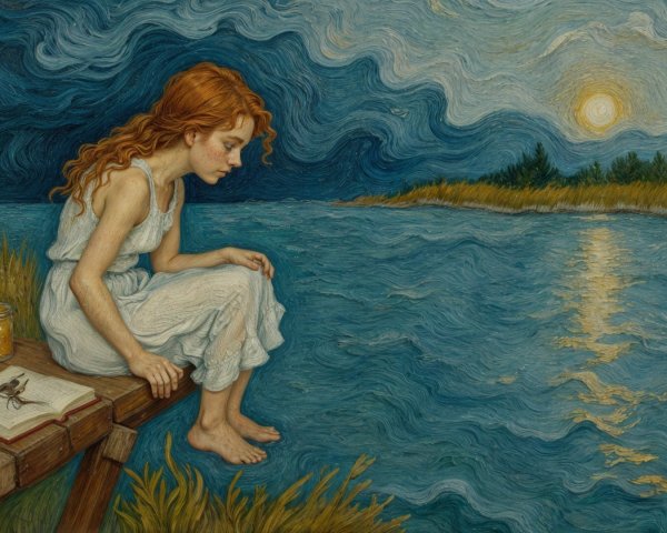 Young Girl by Lake at Sunset with Open Book