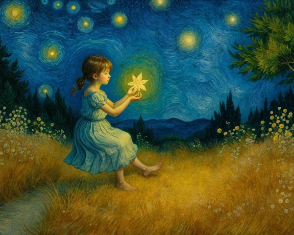Young girl in golden field with glowing flower