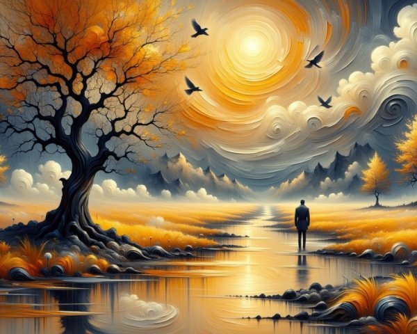 Autumn Landscape with River and Solitary Figure