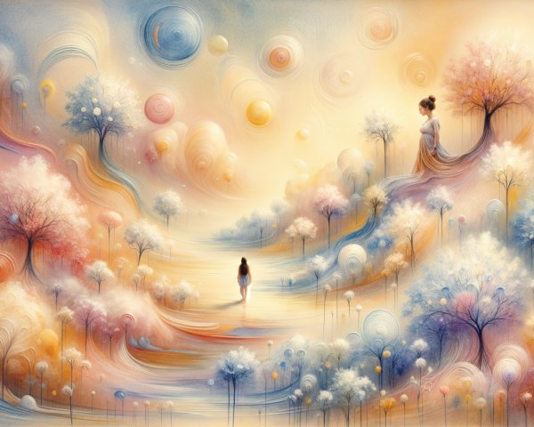Dreamy Landscape with Pastel Tones and Whimsical Trees