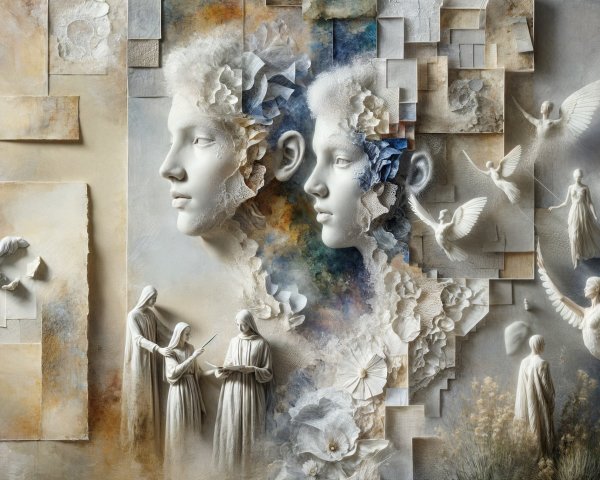 Surreal Artwork of Intertwined Faces and Floral Elements