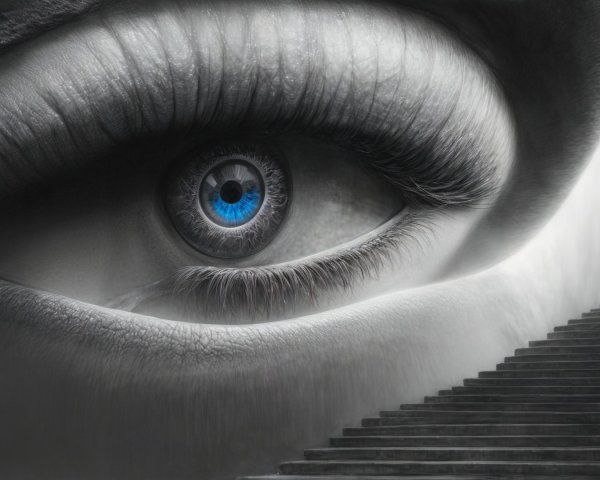 Large Blue Eye with Monochrome Background and Staircase