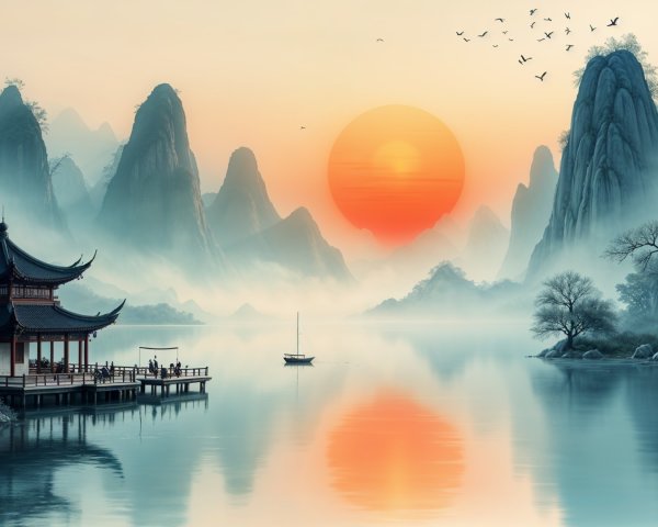 Serene landscape with mountains, pagoda, and sunrise