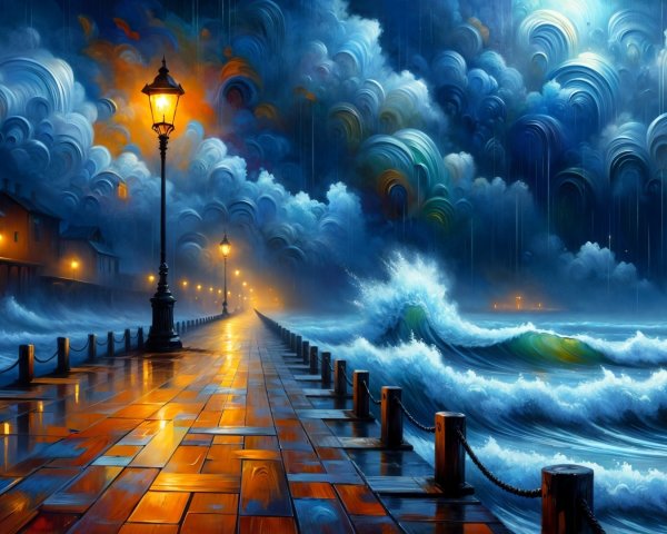 Stormy Seascape with Pier and Illuminated Cobblestones