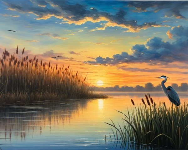 Tranquil Sunset Landscape with Water and Reeds