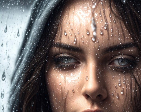Close-Up Portrait of a Woman with Raindrops and Hood