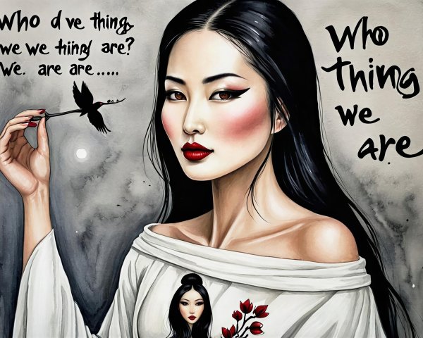 Watercolor Painting of Woman with Bird and Moon