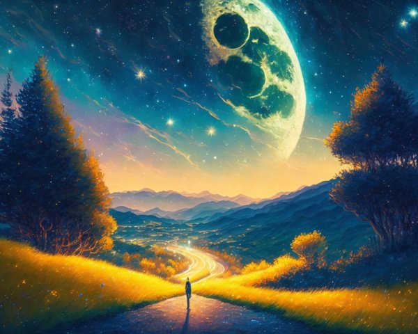 Serene Landscape with Winding Road and Glowing Moon