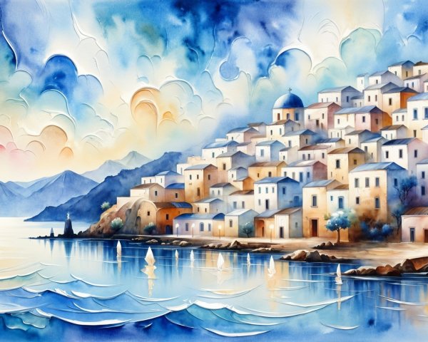 Vibrant Watercolor of a Coastal Village at Sunset