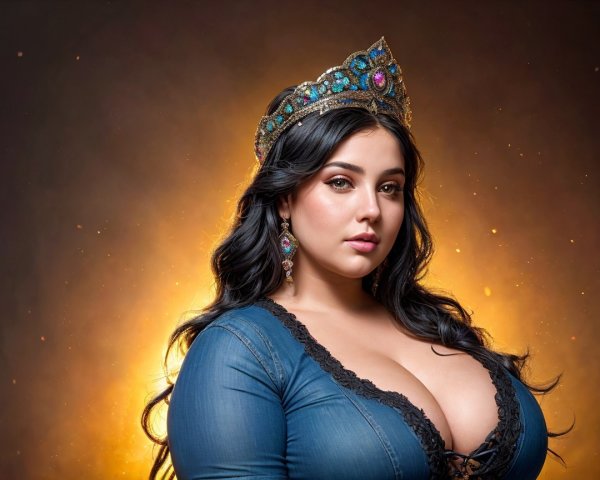 Woman in Blue Outfit with Crown and Earrings