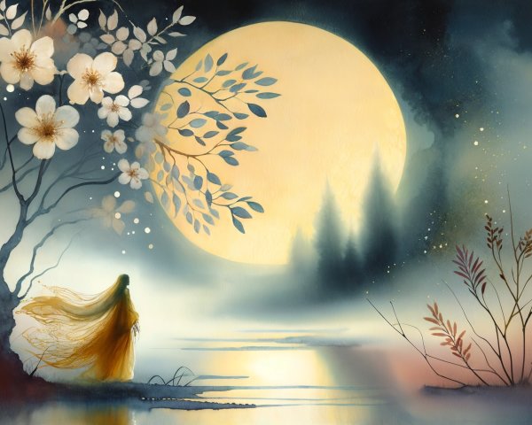 Moonlit Lake Scene with Figure in Yellow Dress