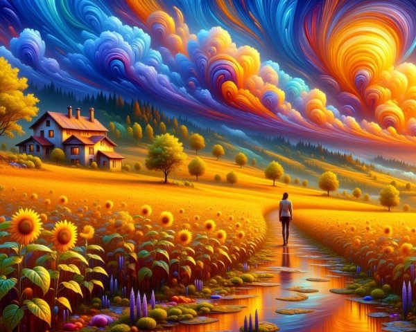 Vibrant landscape with house and sunflowers at sunset