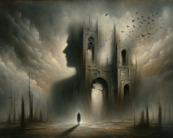 Mysterious Landscape with Gothic Cathedral and Figure
