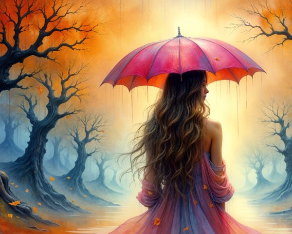 Woman with Umbrella in Mystical Landscape Scene