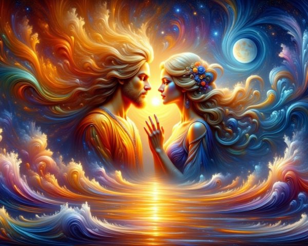 Ethereal Figures in Cosmic Sunset Scene