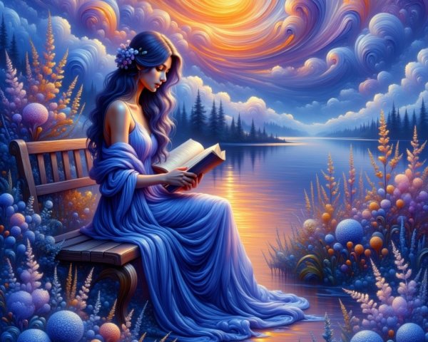 Young woman in blue gown by tranquil lake with clouds
