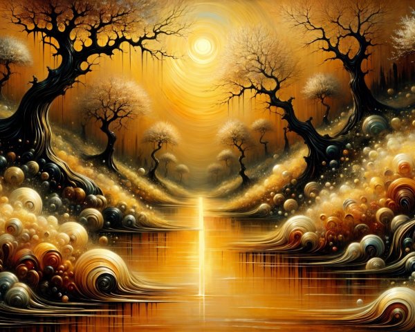 Dreamy Landscape with Golden Hues and Twisted Trees