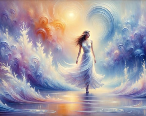 Serene Figure in White Dress Amidst Colorful Landscape