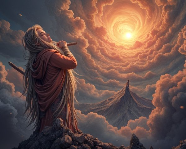 Serene Figure Playing Flute Amidst Ethereal Clouds