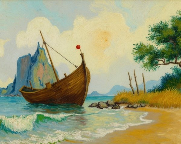 Coastal Scene with Boat, Beach, and Cliffs