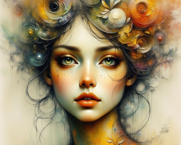 Portrait of a Young Woman with Green Eyes and Flowers
