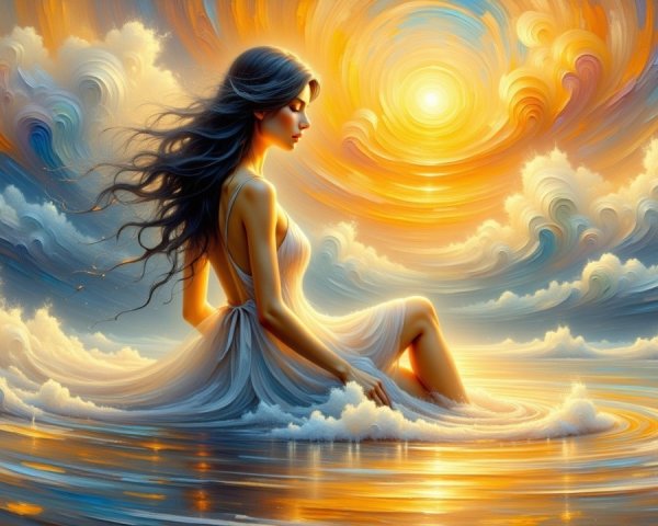 Serene figure in calm sea with vibrant clouds and sun