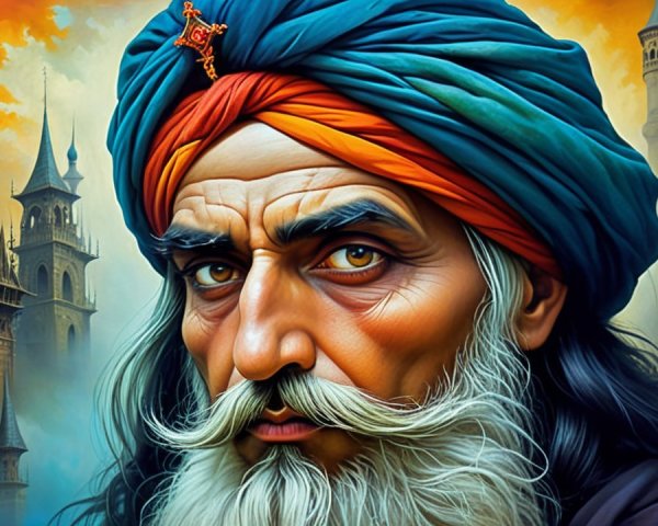 Fantasy Art of Old Man with Amber Eyes and Turban