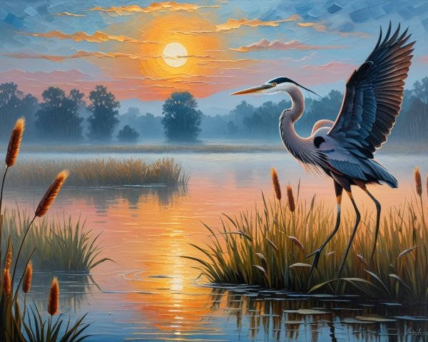 Dawn Landscape with Heron in Tranquil Wetland
