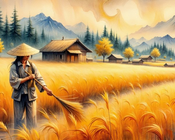 Serene Landscape of Farmer Harvesting Wheat in Autumn