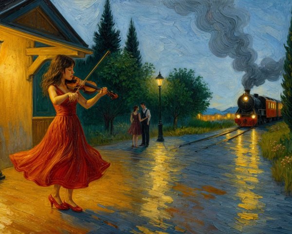 Young Woman in Red Dress Playing Violin at Train Platform