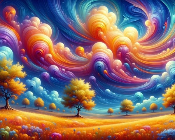 Vibrant Landscape with Colorful Clouds and Fields