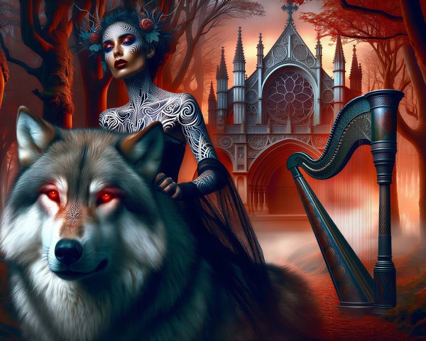 Mythical woman and wolf in a magical forest scene