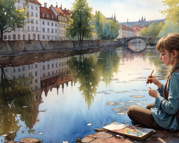 Young Girl Sketching by a Tranquil Canal Scene