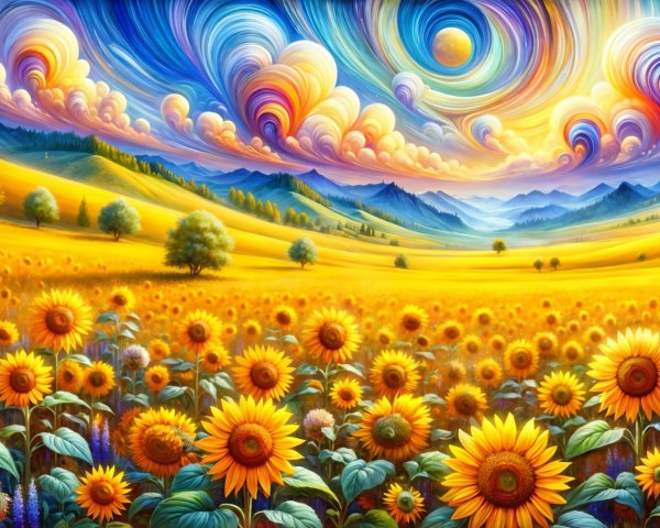 Vibrant Sunflower Field Under Colorful Sky